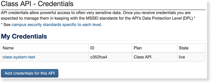 screenshot showing API credentials management